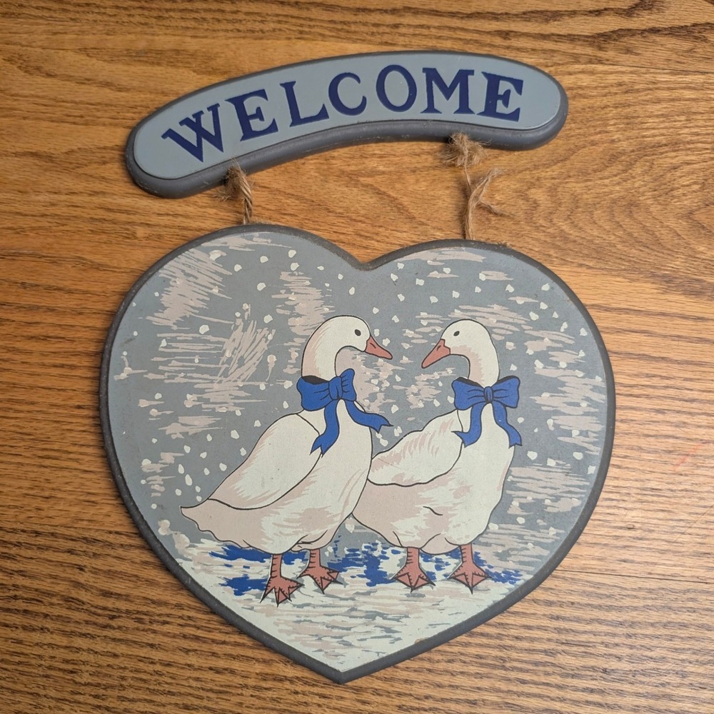 Vintage Wooden Goose Welcome Sign Heart Shaped Wall Decor Farmhouse Country